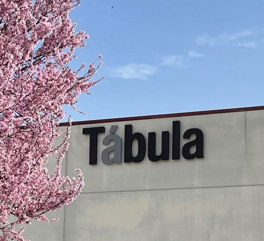 Fachada de Bodegas Tábula detrás de la corona de un pruno en primavera.